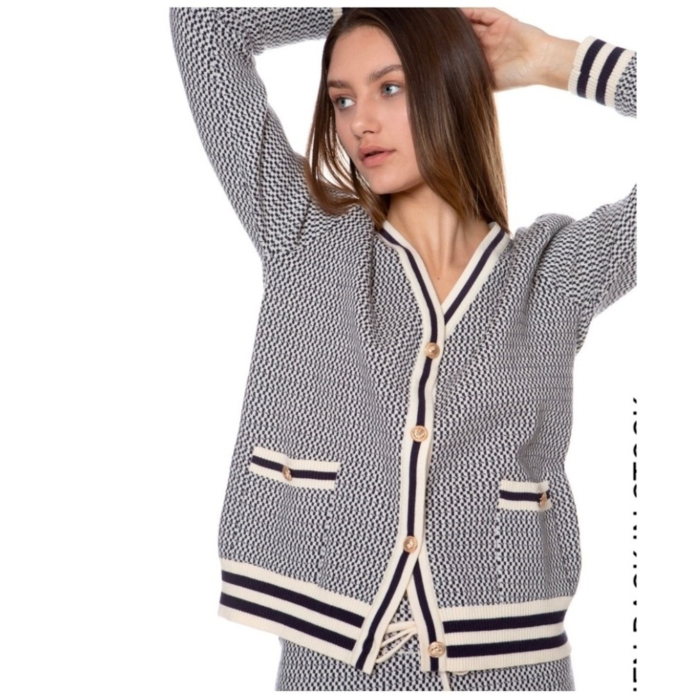 Ellandemm Kennedy Cardigan Navy Cream Gold Button Knit Sweater Womens S/M